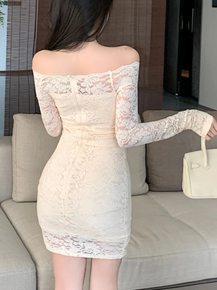 Picsgirl -  Mini Dresses Women Off Shoulder Lace Dress Female Elegant Slash Neck Short Dresses Ladies Vintage Fashion Bodycon Party Vestido