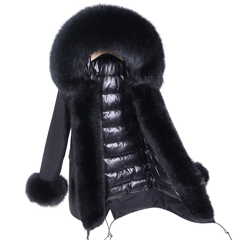 warmmeta 2023 Winter Hooded Thick Natural Real Raccoon Fur Collar Placket with Cuffs Down Jacket Woman Parkas Long Puffer Coat