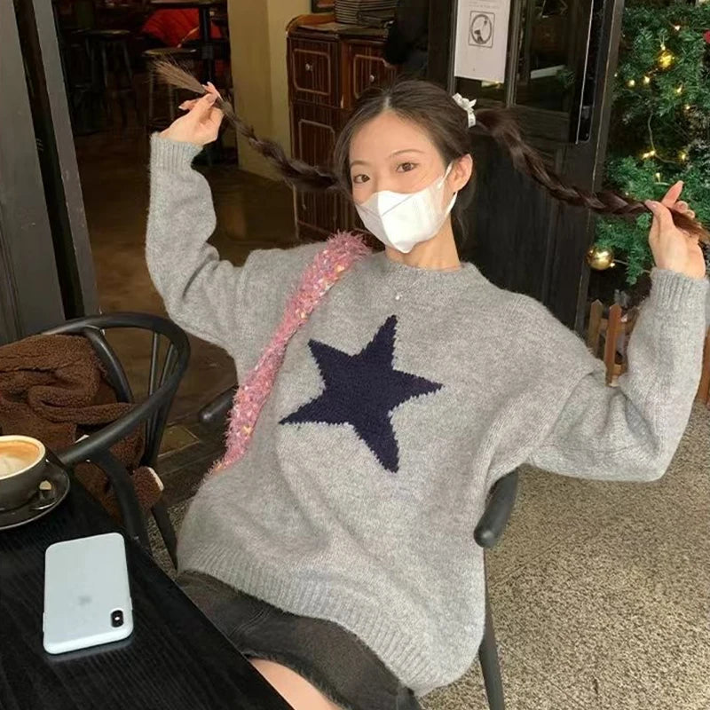 Star Pullover Sweater Women Korean Fashion Loose O-Neck Warm Fall Winter Knitwear Pretty Style Hip-Hop Lazy Female Jumpers Tops