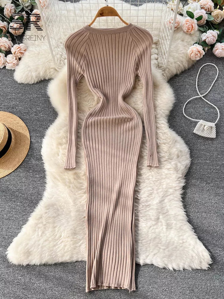 Winter Women Knit Maxi Dress O Neck Autumn Long Sleeve Slim Solid Harajuku Ladies Fashion Pencil Sweater Long Dresses