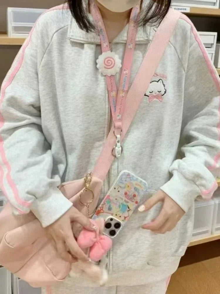 HOUZHOU Japanese Fashion Kawaii Zipper Hoodie Women Harajuku Cute Pink Cat Embroidery Oversized Hooded Sweatshirt  Winter 2023