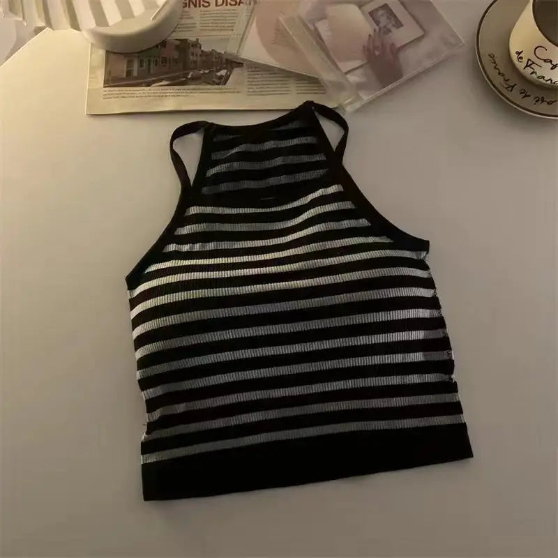 Korean Version Women Tank Tops Thread Solid Casual Fashion Crop Top with Chest Pad Stripe Sleeveless Outer Wear Basic Camisole