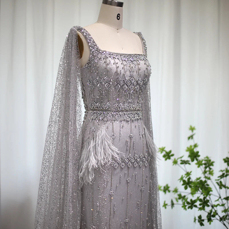 Gorgeous Prom Dress  Bling Gray Mermaid Arabic Evening Dress with Cape Luxury Feather Dubai Formal Dresses for Women Wedding Party SS279