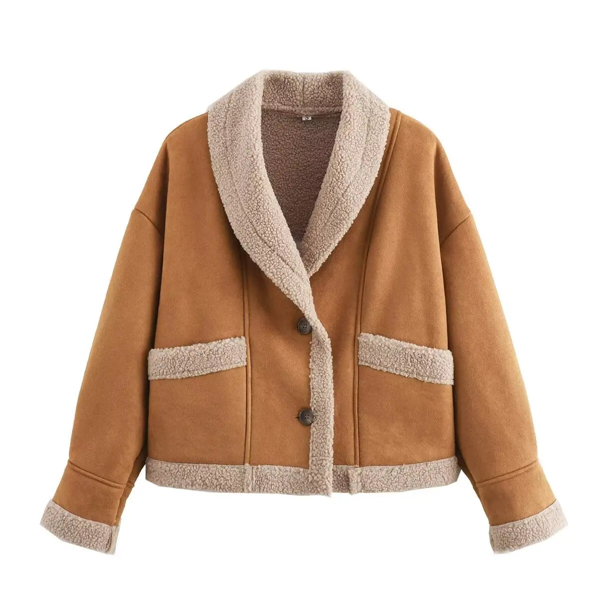 Y2K TRAF Suede Lamb Wool Jackets for Women 2024 Winter Loose Coat Female Chic Single-breasted with Pockets Lapel Outerwear Coats