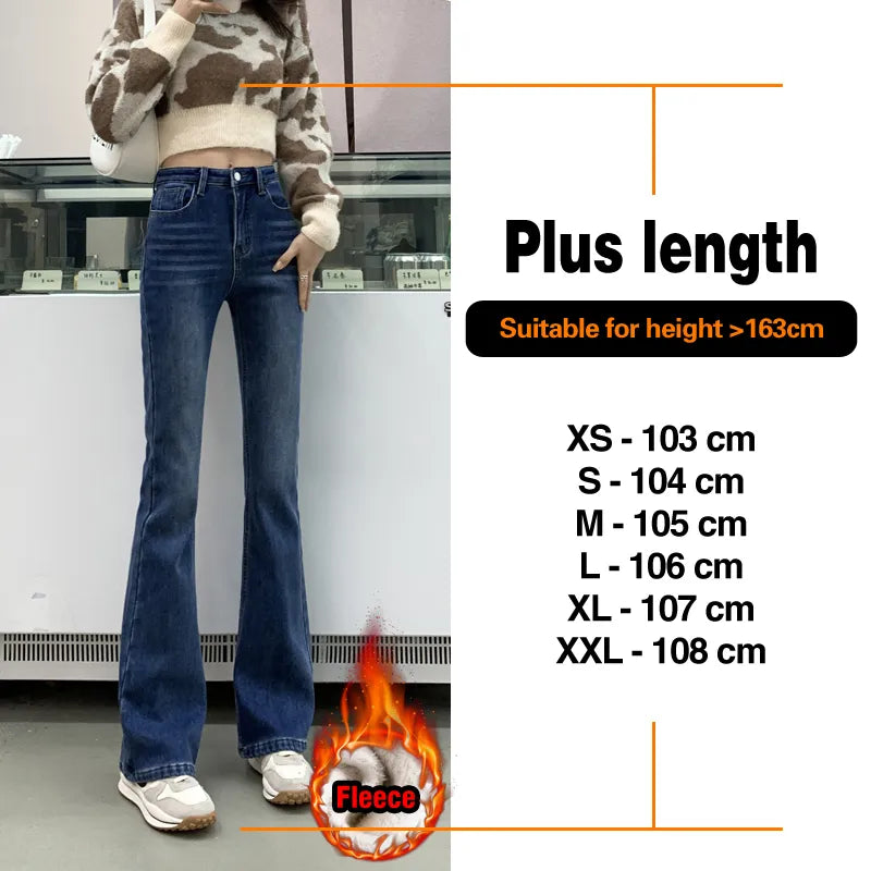 Winter Warm Women's Jeans Fashion Slim Thicken Fleece Flared Pants High Waist Elastic Skinny Velvet Plus Length Female Jeans