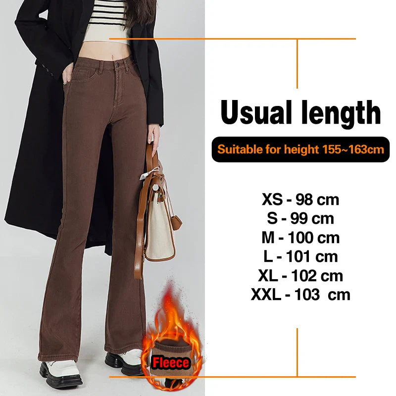 Winter Warm Women's Jeans Fashion Slim Thicken Fleece Flared Pants High Waist Elastic Skinny Velvet Plus Length Female Jeans