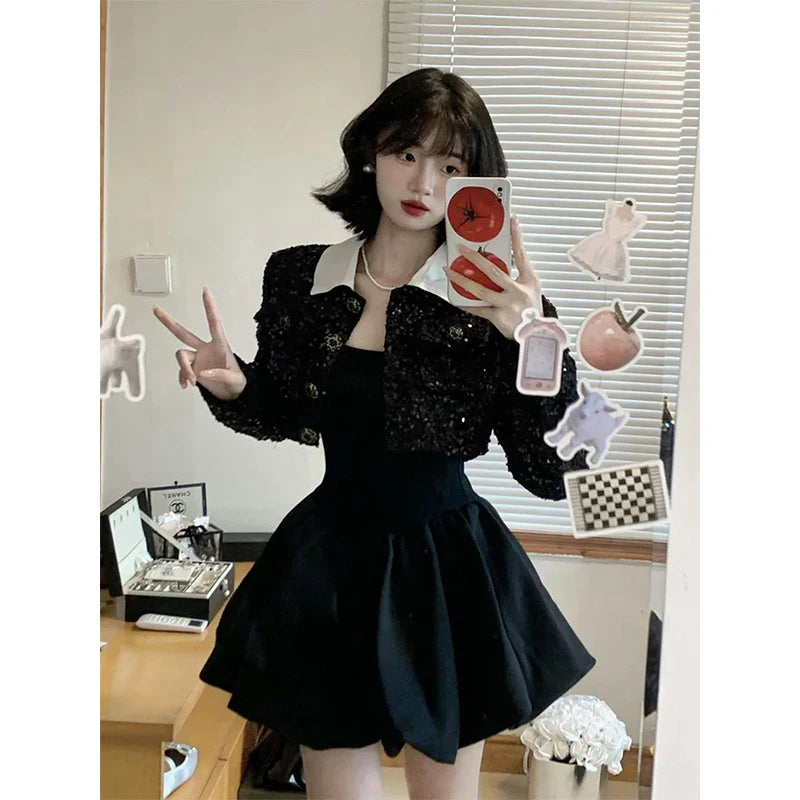 warmmeta-Y2K Black Mini Dress Women Korean Square Collar Long Sleeve One Pieces Dresses Party Prom Elegant Bodycon A Line Vestidos