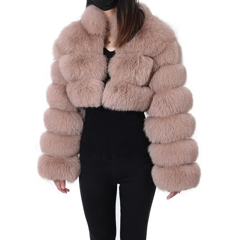 warmmeta Real Fur Jacket  Women Winter Short Natural real Fox Fur Lady Zipper Fur Coat Female Warm Jacket  with Collar