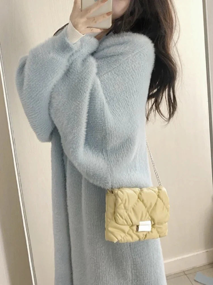 warmmeta Fluffy Long Cardigan Woman Autumn Winter Knitted Sweater Female Elegant Fashion Midi Knitwear Coat Ladies Sweet Loose Cardigans