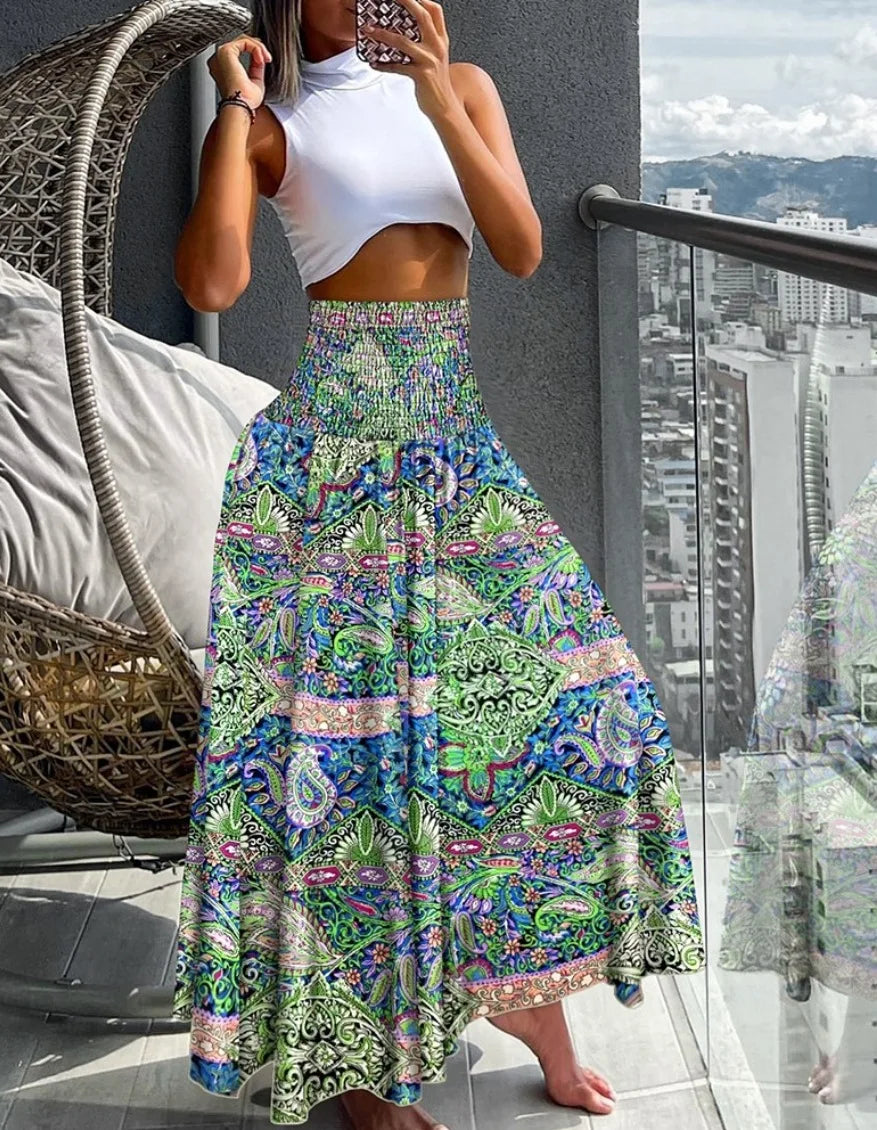 Boho Print Skirts For Women 2024 Summer Casual Elastic High Waist A-line Big Swing Long Dress Vacation Beach Party Skirt Robe