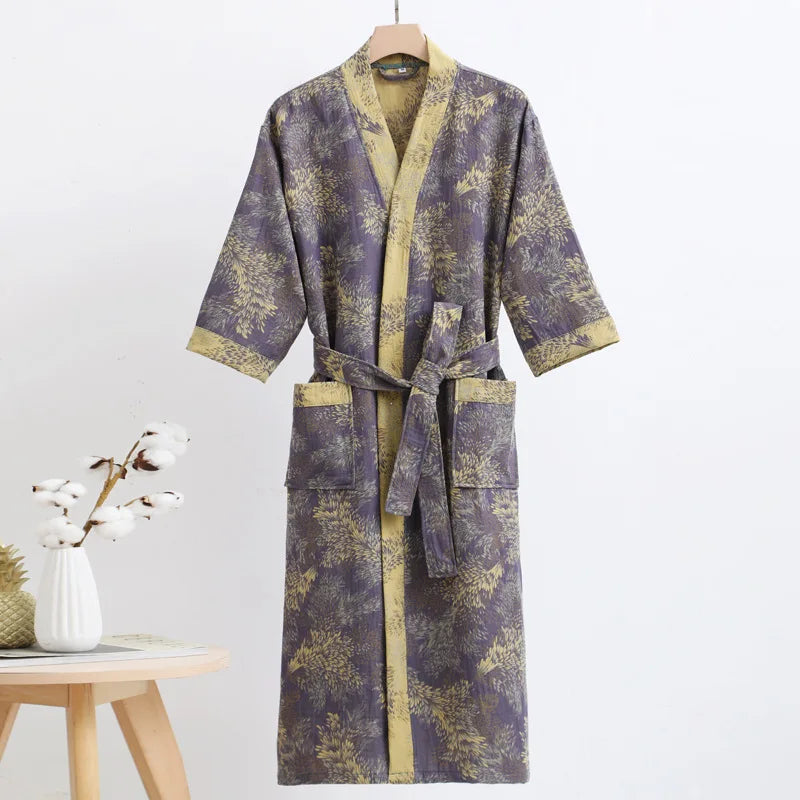 Couple's Dressing Gowns Vintage Print Loungewear Double Layer of Cotton Bathrobes Women's Pajamas Absorb Water and Dry Quickly