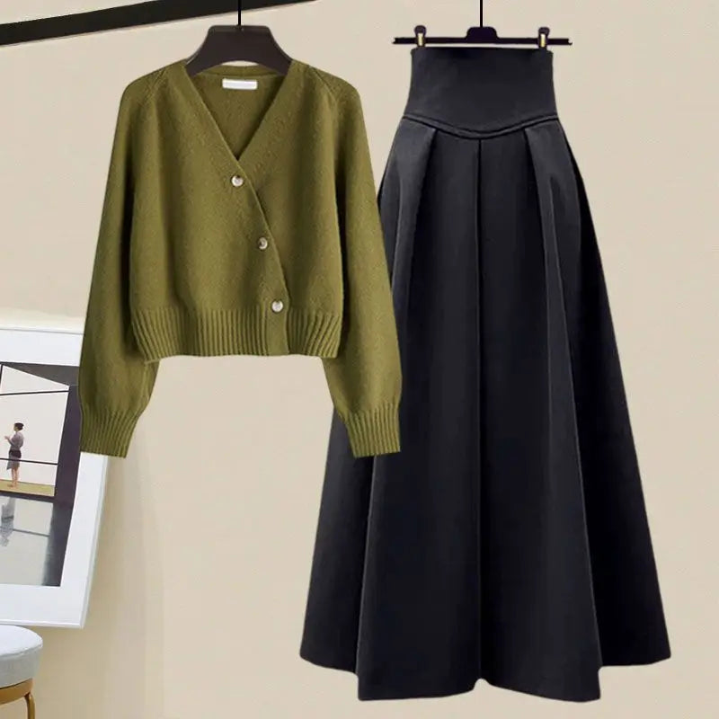 Spring Autumn Suit Women's New French Sweater Midi Skirts Outfits Knit Cardigan Knitwear High Waist Slim Skirts Two Piece Set