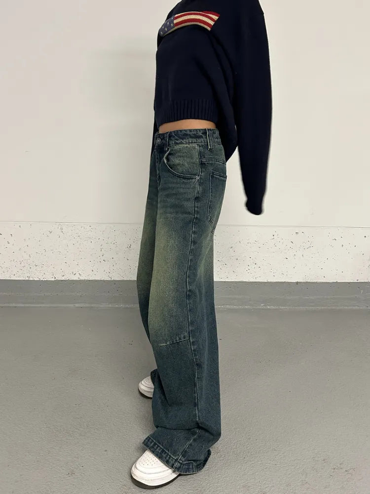 warmmeta Vintage Baggy Jeans Wide Women Grunge Oversized American Retro High Waist Denim Trousers Female Streetwear Cowboy Pants