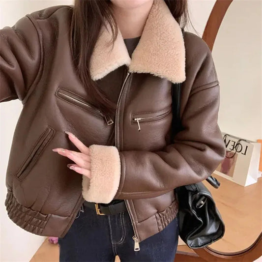 Flight Suit Jacket Women Fur Pu American Vintage Outwear Long Sleeve Turn Down Collar Zipper Female Harajuku Short Coats