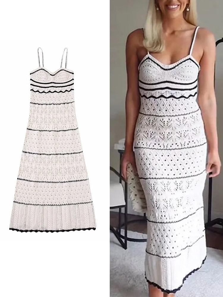 Summer New Women's Beach Style Knitted Slim Fit Slim Strap Long Dress Solid Color Knitted Hollow Elegant Tight Dress