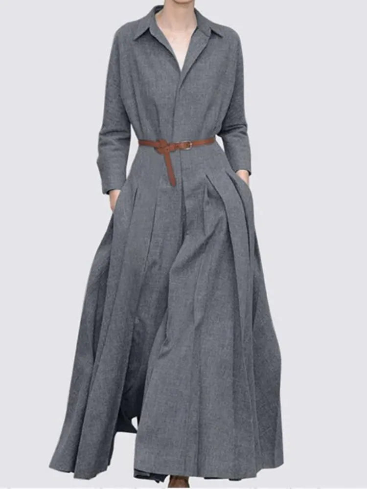 New 2023 Spring Summer Women's Long Skirt Fashion Long Sleeve Lapel Pleated Dress Office Lady  Solid Color Dress for Women Robe