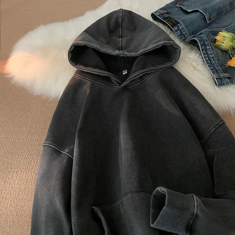 warmmeta Quality Cotton Fall Men Loose Hoodies Solid Color Acid Washed Man Oversized Sweatshirts Hooded Pulovers Male Pullovers