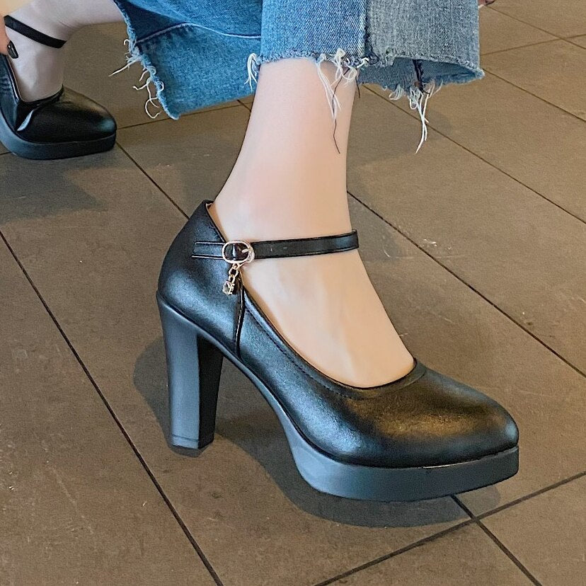 2022 New Women Dress Shoes Medium Heels Mary Janes Shoes Patent Leather Pumps Ankle Strap Ladies Shoe Office Zapatos Mujer