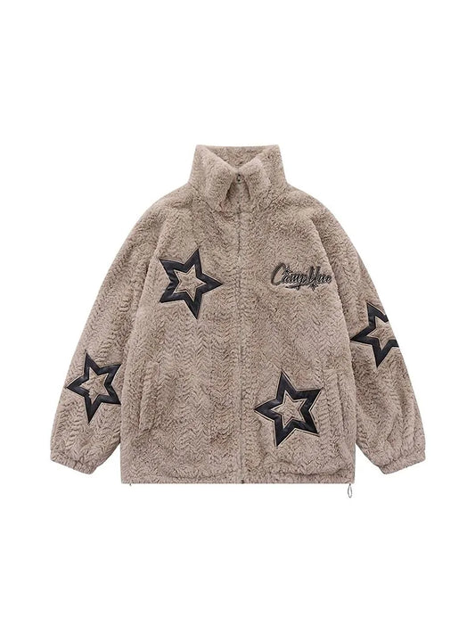 Brown Black American Vintage Star Embroidered Lamb Fleece Coat Women's Fashion Brand Lazy Couple Cotton Coat