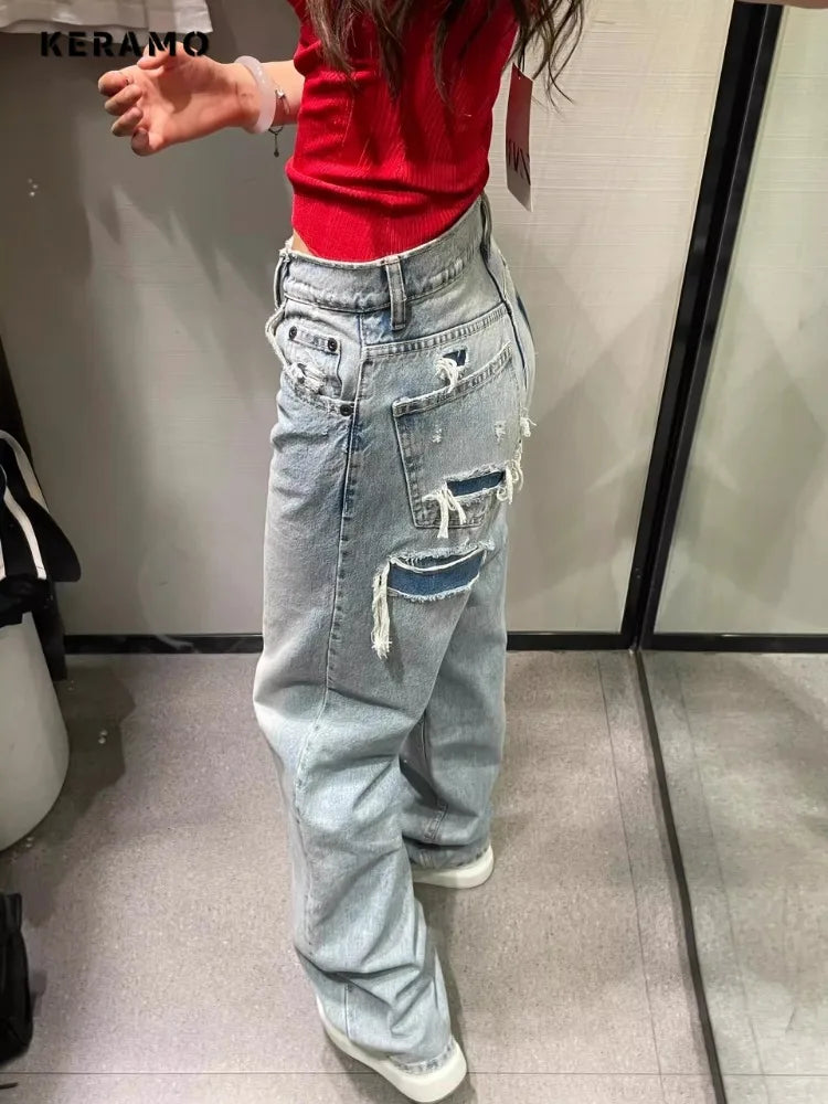 Women Retro Wide Leg Baggy Casual Denim Trouser Harajuku Patchwork Washed High Waist Loose Jeans 2024 Summer Ripped 2000s Pants