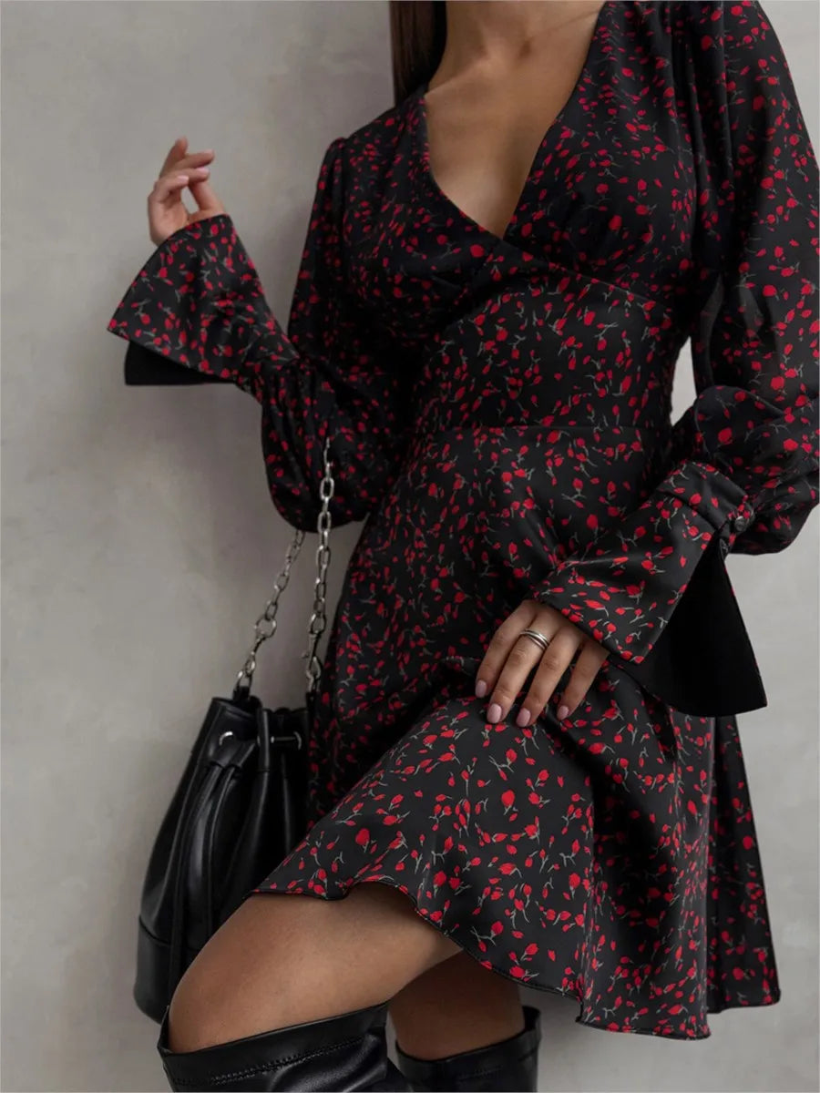 Picsgirl Floral Printed Mini Dresses Women Deep V Neck Long Sleeve Waist Cinched A-line Vestidos Vintage Fashion Office Lady Dresses 2024