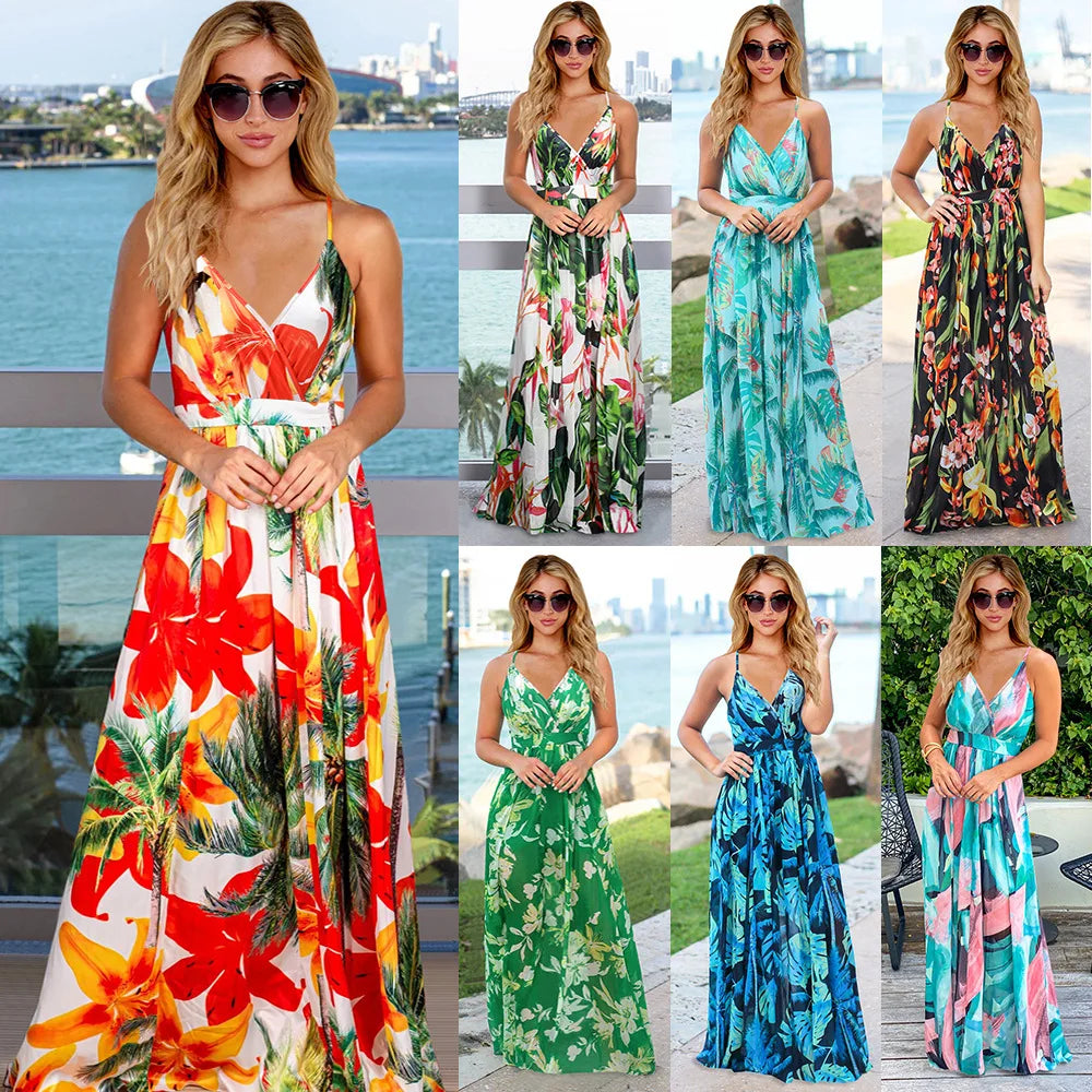 warmmeta-High Quality 2024 Spring Summer New Dress Bohemian Floral Camisole Long Dress Women Elegant Over Size Vestidos Evening Dresses