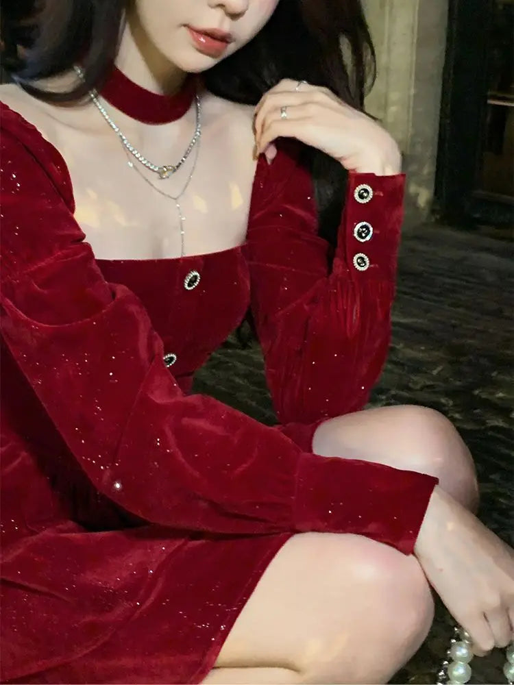 WARMMETA Hot Girl Red Velvet Dress Women's Autumn/Winter Christmas Square Collar Long-sleeved Slim Fit A-line Dress Female Clothes