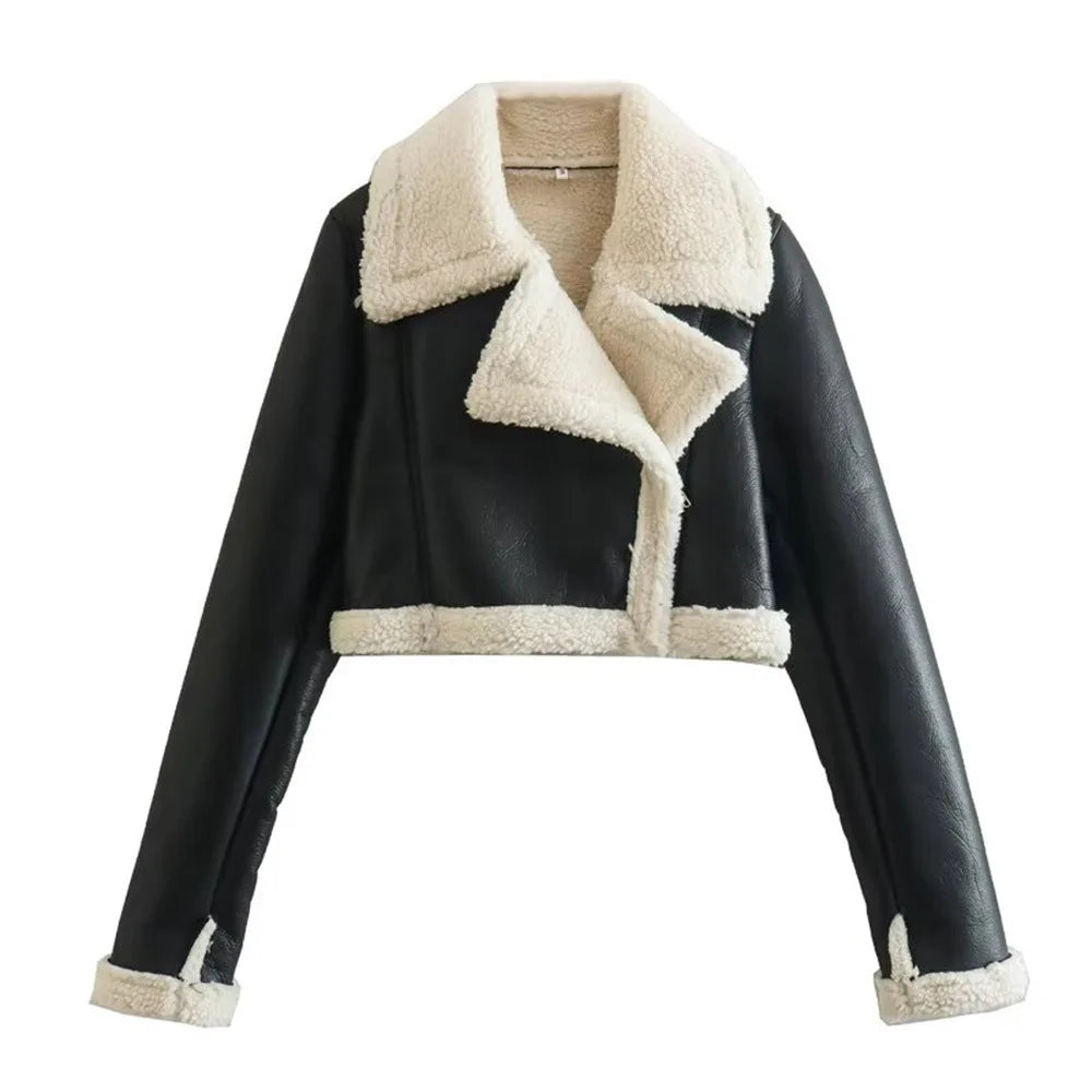 Women's Cropped Leather Jacket Coat Black Wool Blends Coats Bomber Tweed Jacket Autumn Winter Leather and Fur Crop Jacket