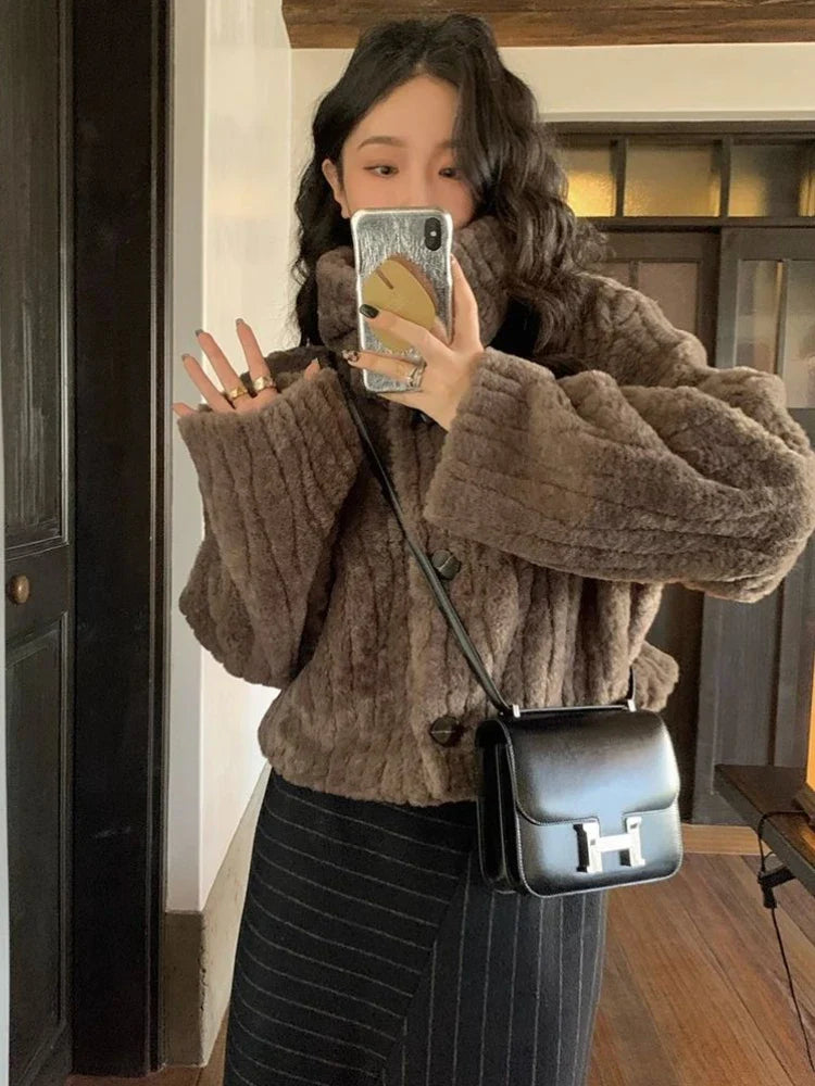 Deeptown Vintage Faux Fur Cropped Jackets Women Korean Style Fleece Fluffy Short Coats Elegant Thick Warm Outwear Autumn Winter