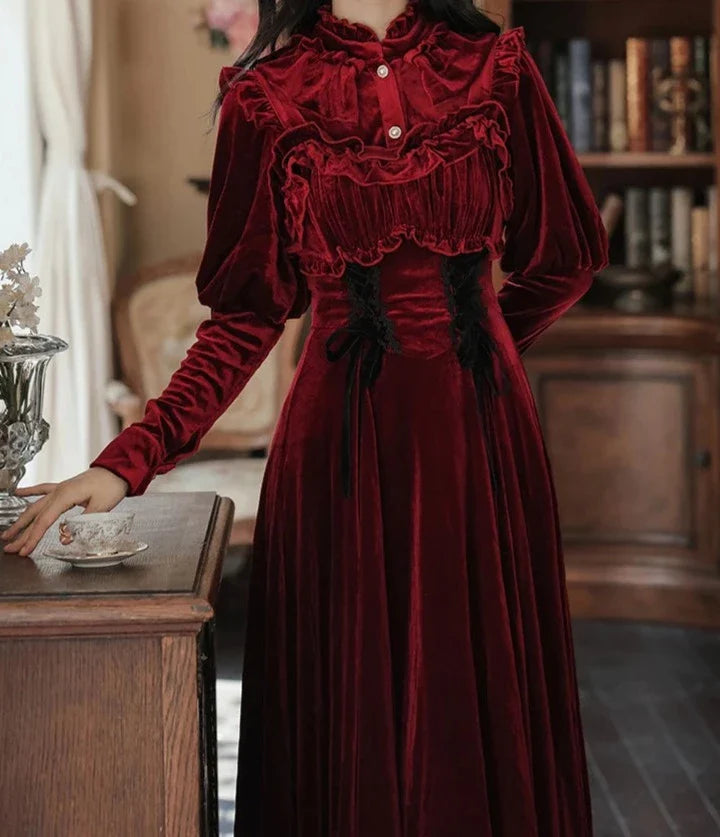 Ruby Victorian-Vintage-Academia Burgundy-Red Velvet Dress