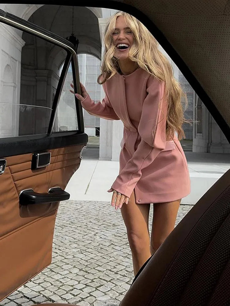 Fashion Pink Fake Pockets Mini Dress For Woman Spring Elegant Long Puff Sleeve Short Dresses 2024 Lady Commuting Slim Vestidos