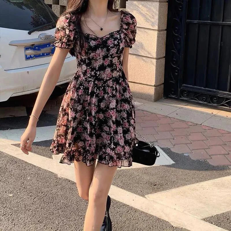 Summer New Print Floral Short Dress Women Square Collar Puff Bubble Sleeve Dresses Pleated  A-line Dress