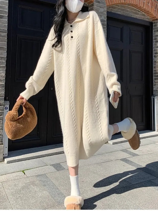 Women's Sweater Dress Autumn Winter Korean Edition Loose Relaxed Commuter Thickened Lapel Over Knee Knit Dress Women's Clothing