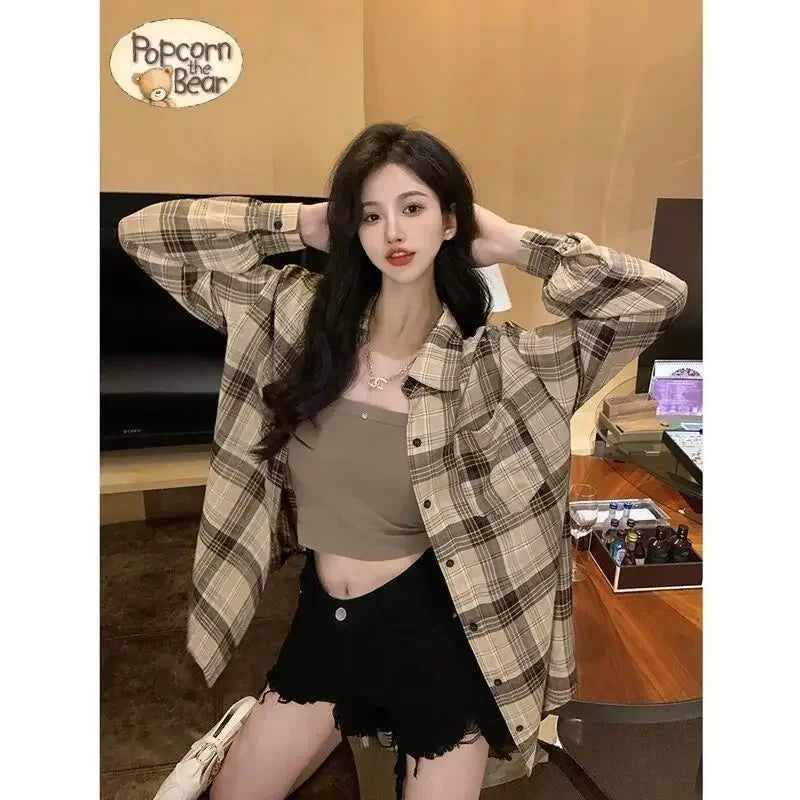 Women's Plaid Blouse Shirt Korean Fashion Long Sleeve Green Pink Tops Female Button Up Harajuku Basic Cheap Women's Clothing