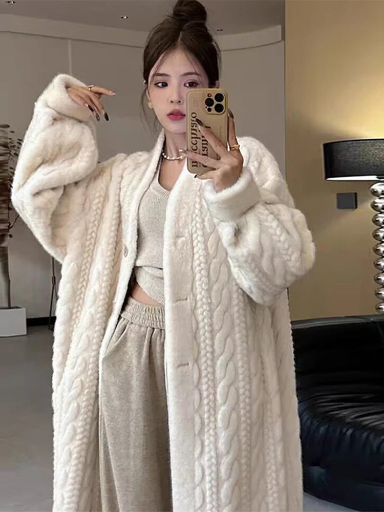 Women Fur Cardigan Thickened Long Autumn Winter V-neck Thin Jacket Female Loose Simple Leisure With Buttons Casual Fur Coat