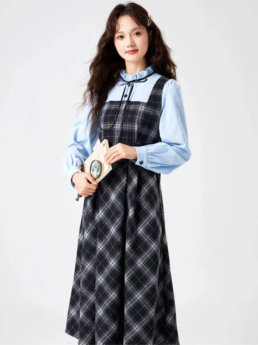 Blue Stories Dark Academia Plaid Long Sleeve Dress