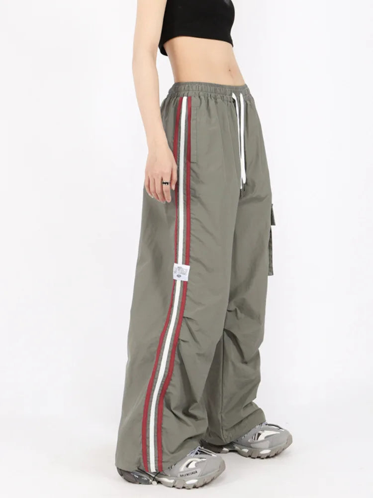 warmmeta 2 Y2K Kpop Cargo Pant Women Drawstring Pockets Wide Leg Chic Punk Pants Baggy Striped Sports Sweatpants Parachute Jogger Trousers