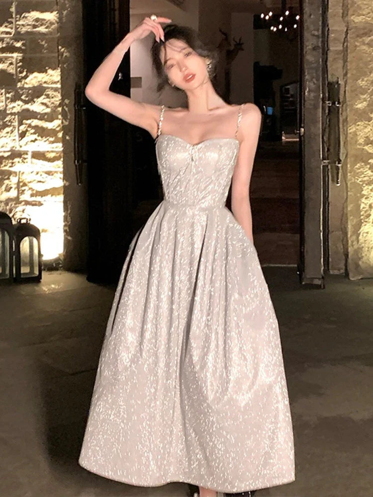 Sleeveless Elegant Strap Midi Dress Women 2023 Summer Casual Evening Party Formal Dress Female Korea Fashion Vintage Fairy Dress