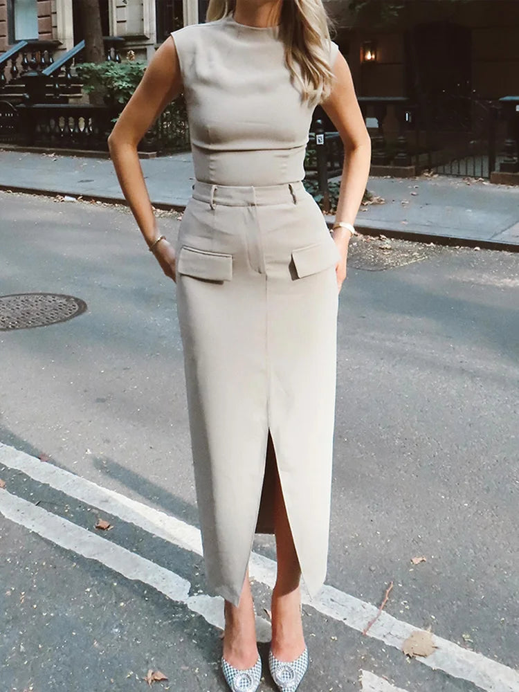 Female Elegant Solid Split Maxi Dress Fashion O-neck Sleeveless Faux Pockets Bodycon Vestidos Women Office Commute Long Dresses