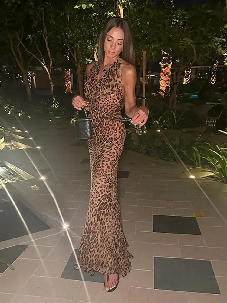 Woman Elegant V-neck Leopard Print Sleeveless Long Dress Sexy Sleeveless Backless Female Maxi Dresses Vacation Beach Robes 2024