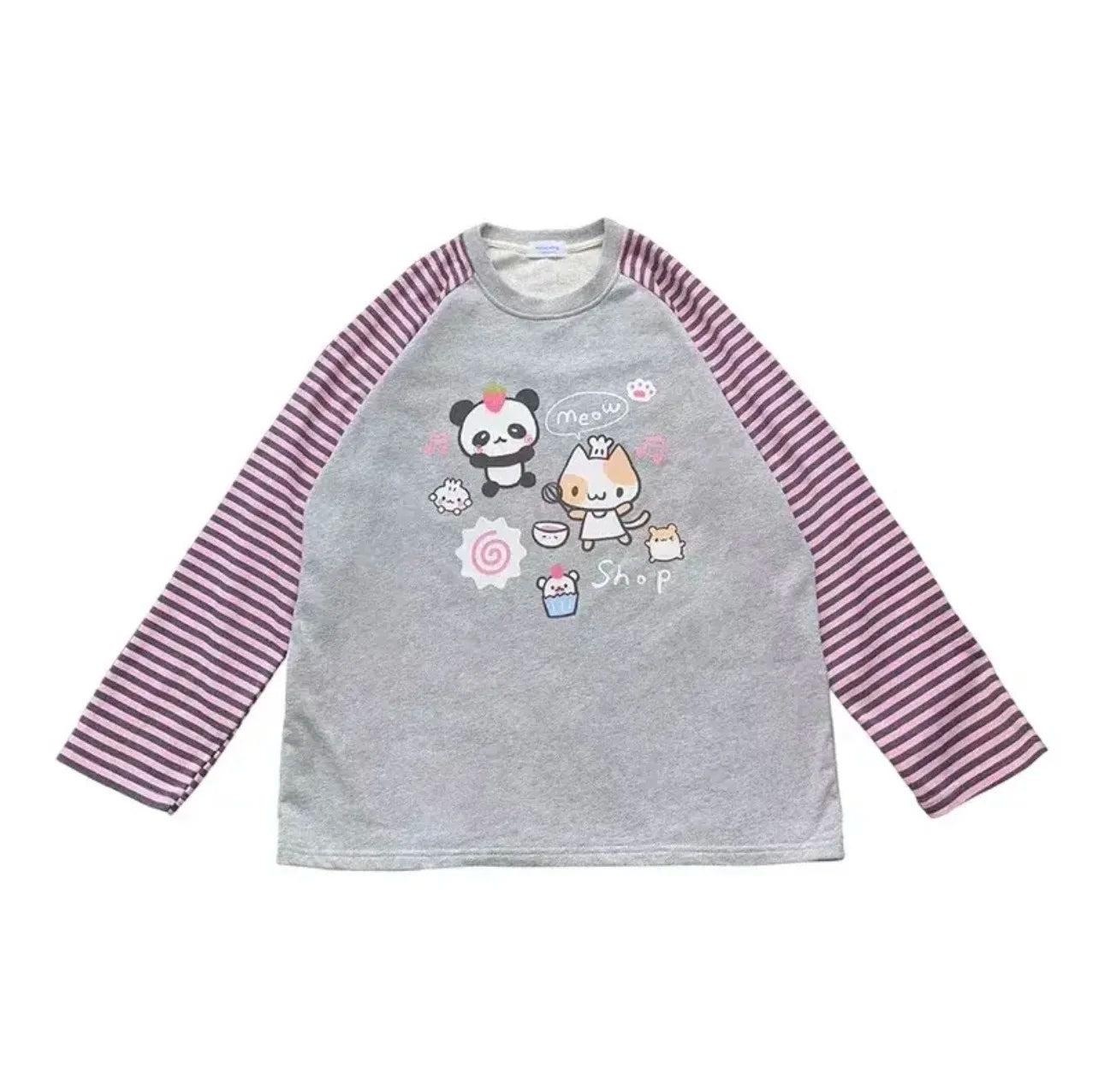 warmmeta Y2k Harajuku Kawaii Striped Hoodie Women Japanese Fashion Patchwork Cartoon Print Sweatshirt Female Autumn New In