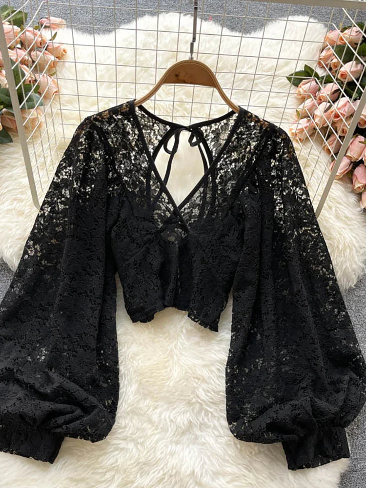 warmmeta Autumn Black/White/Brown Sexy Lace Blouse Women Elegant V-Neck Puff Long Sleeve Open Back Short Tops Female Party Blusas