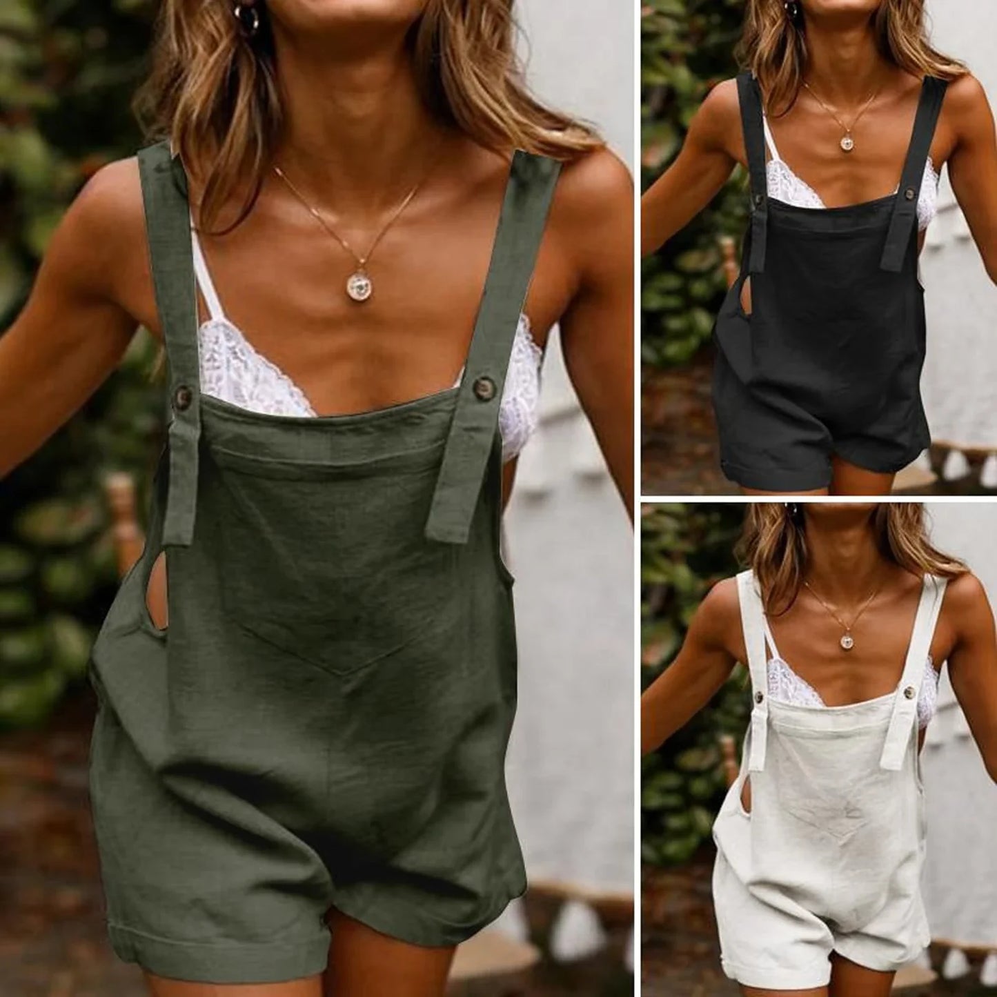 Women Loose Style Overalls Boho Solid Color Square Collar Playsuits Sleeveless Rompers Summer Casual Clothes