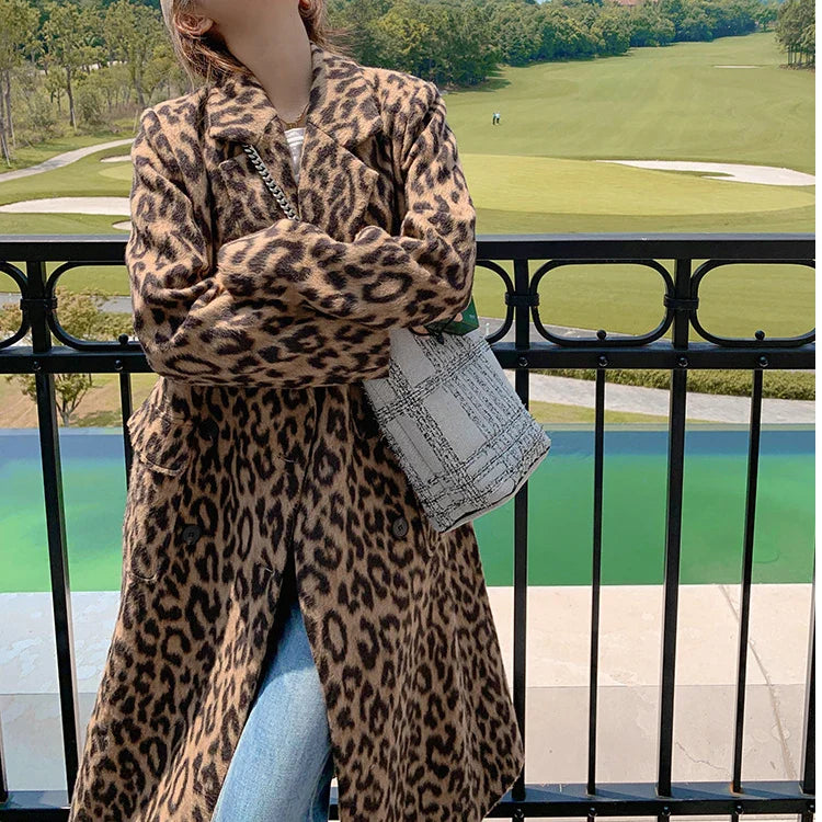 2023 Spring Women Woolen Coat Classic Leopard Print Loose Style Long Sleeve Women Fashion Longl Coat Casaco Feminino