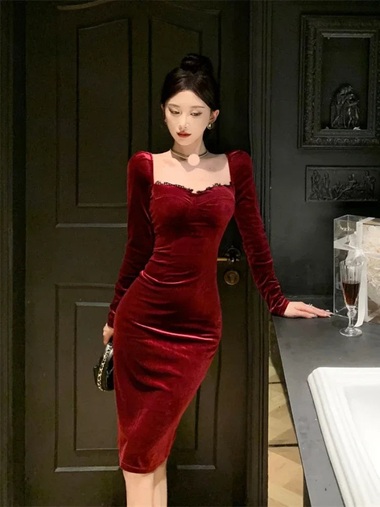 WARMMETA Autumn Winter Dresses Women Elegant Sexy Square Collar Slim Long Sleeve Vintage Velvet Dress Female French Style Chic