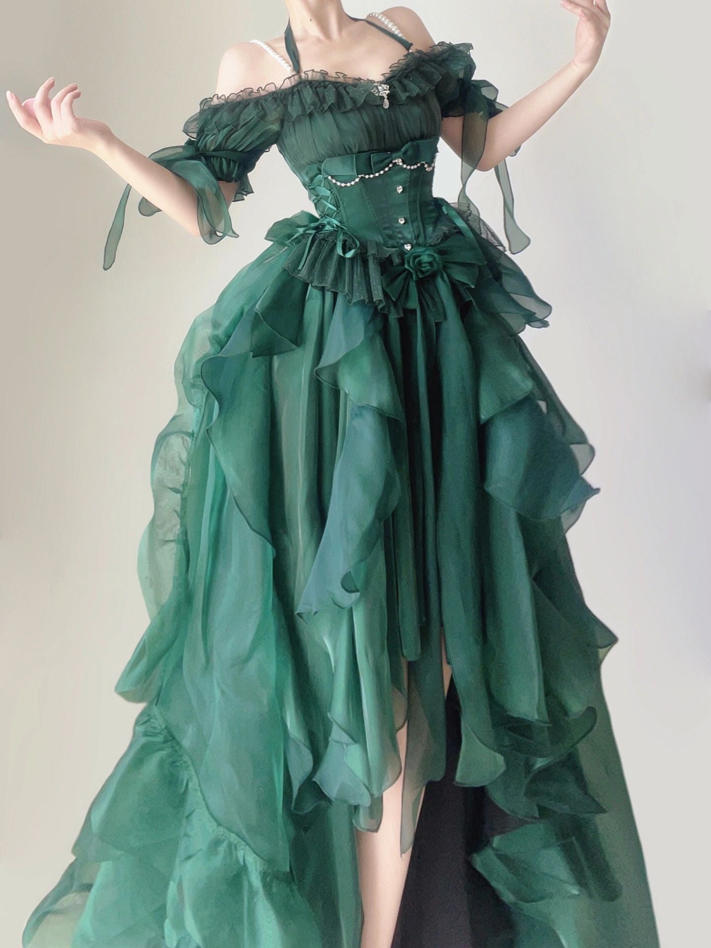 warmmeta Green Flower Wedding Dress Cos Lolita Dress Op Dress Lolita Heavy Industry Trail Puffy Princess Dress, Lolita Cosplay