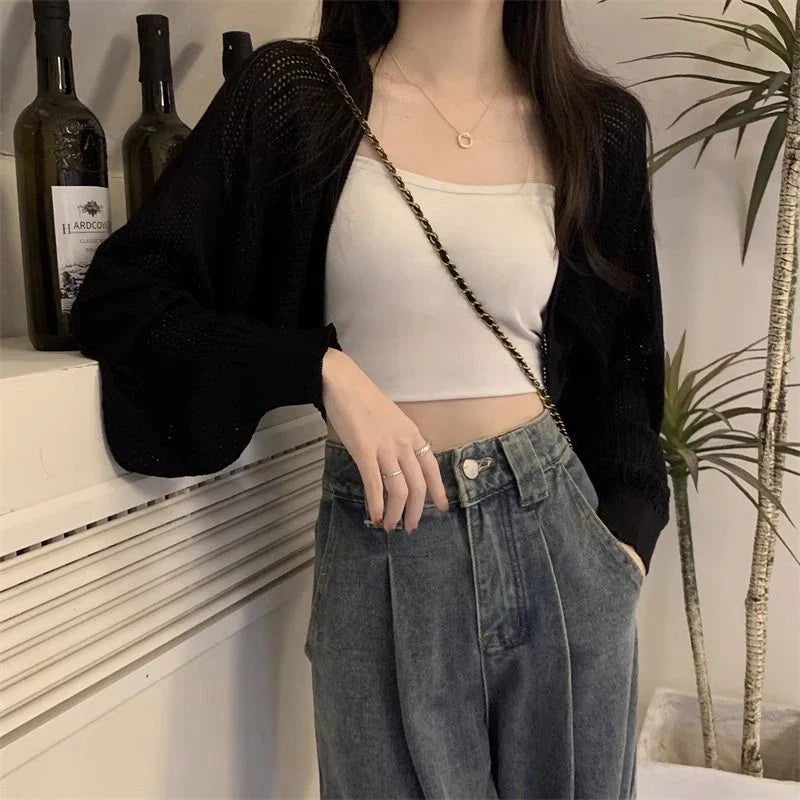 Rimocy Sunscreen Crop Knit Cardigan Women Korean Style Solid Color Thin Cardigan Coat Woman Simple Long Sleeve Smock Top Ladies