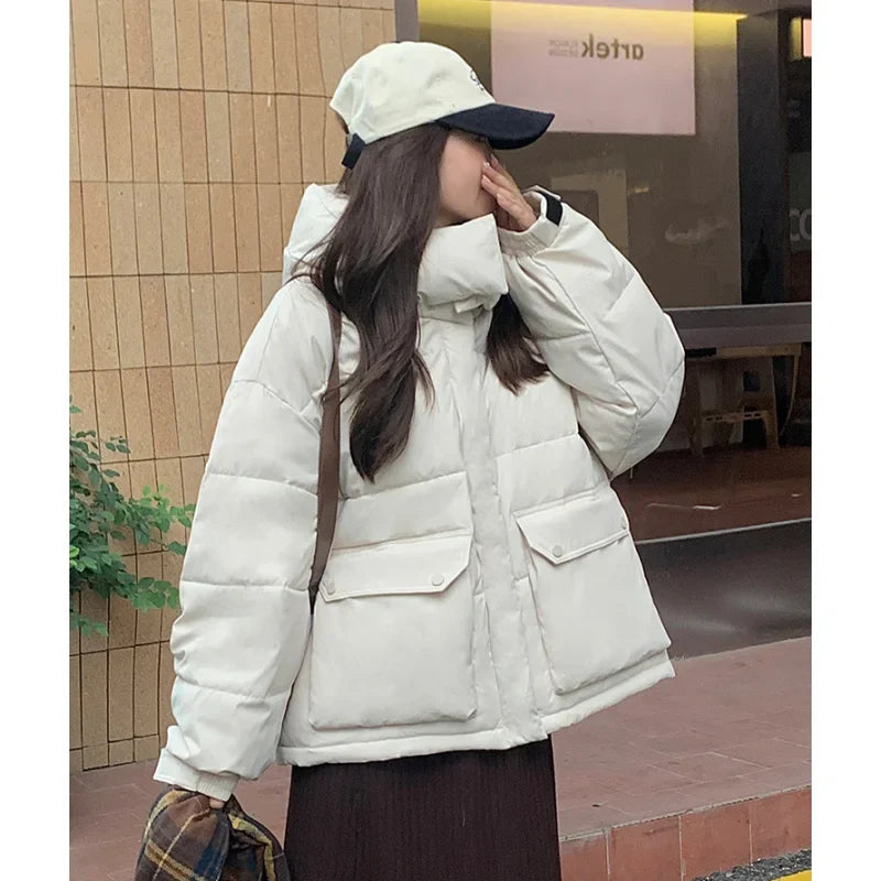 Brown Down Jacket Women Coat Black Hooded Fashion American Streetwear Y2K Style Duck Down Feather Female Winter Short Outwear