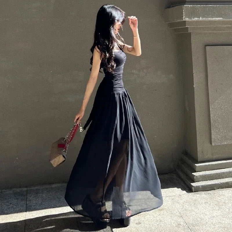 Women Summer Party Long Dress Sexy Ruched Bodycon Black Maxi Dresses Elegant Temperament High-waist Vestidos New