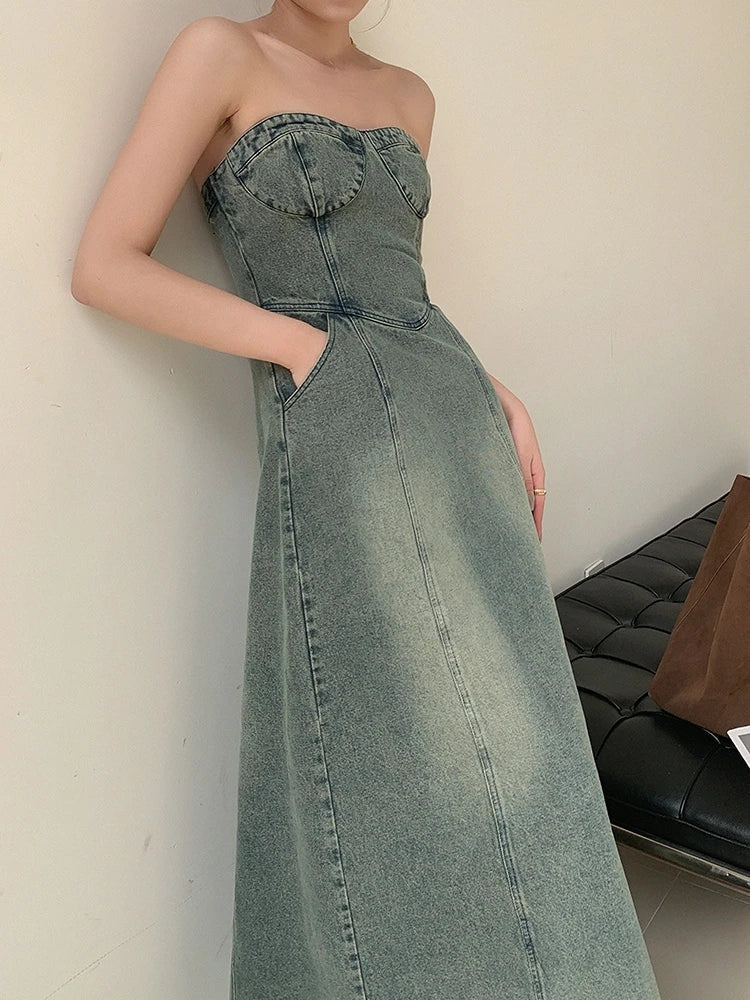 Vintage Elegant Party Midi Dress Women Korean Style Denim Strapless Dress A-line Temperament Sexy Streetwear Designer Dress 2023